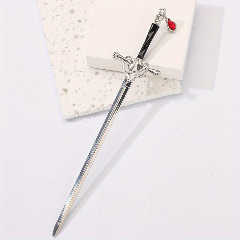 Chinese Style Punk Ruby Hairpin Silvery Sword Hanfu Vintage Hair Pin