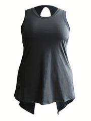  Sports Top Women's Plus Solid Round Neck Cut Out Split Back
