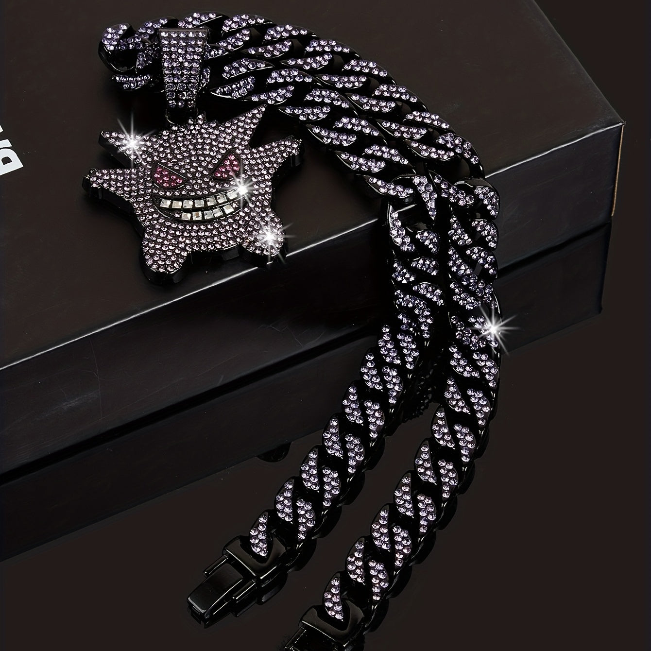 Women's Hip Hop Punk Ghost Pendant Necklace with Rhinestones Glitter Cuban Chain