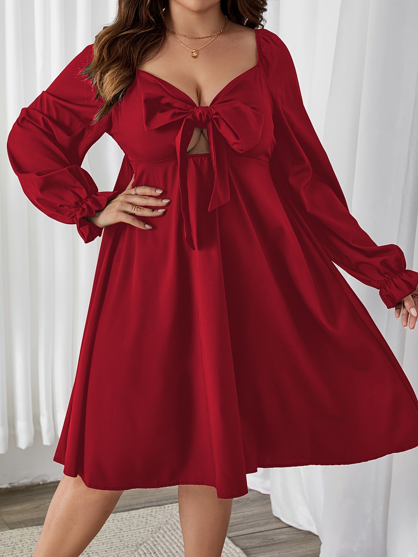  Solid Cut Out Bow Knot Front Dress