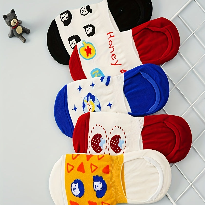 5 Pairs Cute Cartoon & Geometric Print Low Cut Ankle Socks Women's Stockings