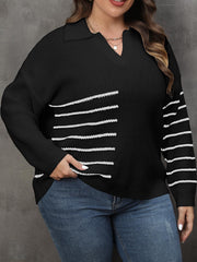  Striped Long Sleeve Polo Neck Casual Sweater