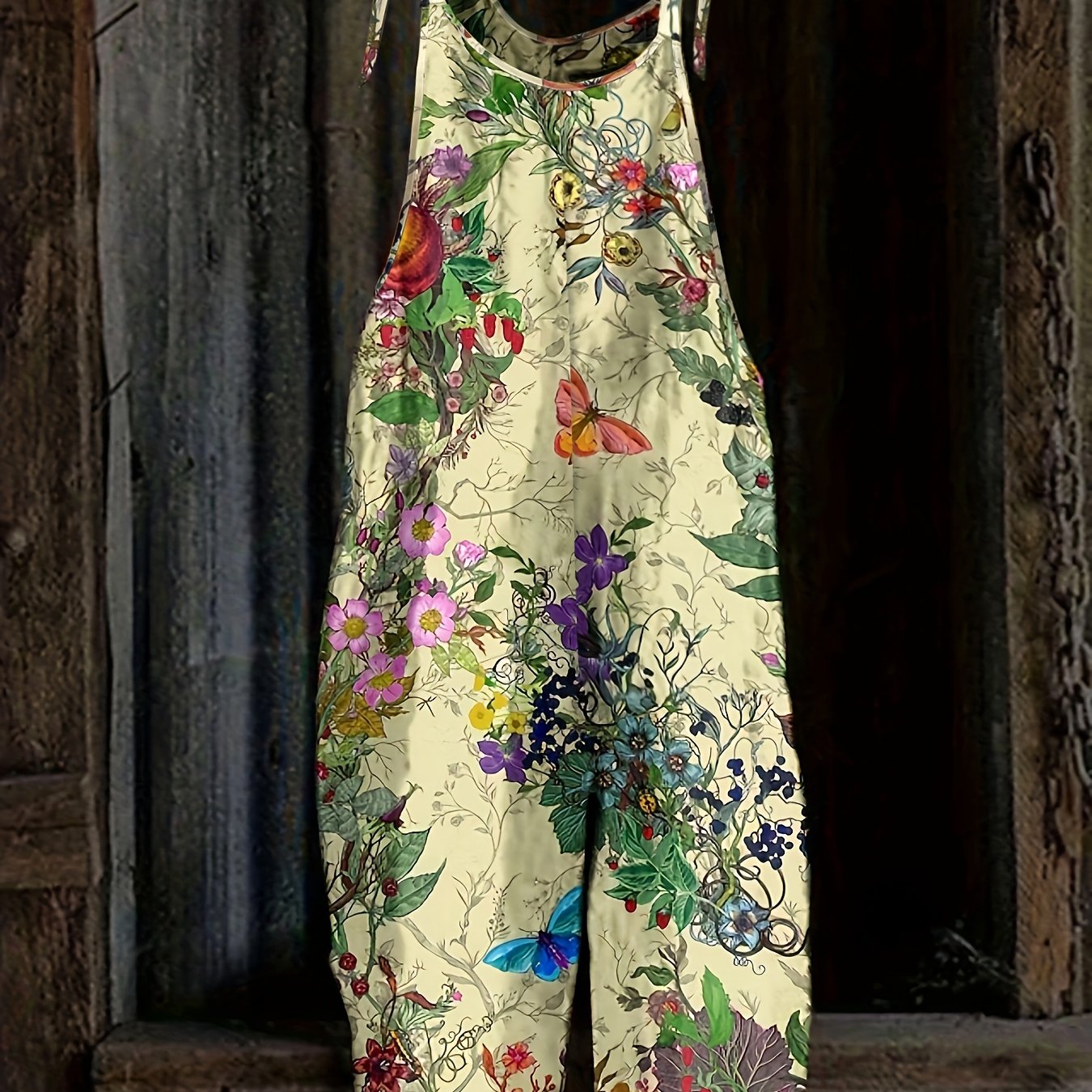  Floral Print Round Neck Tie Shoulder Cami Jumpsuit
