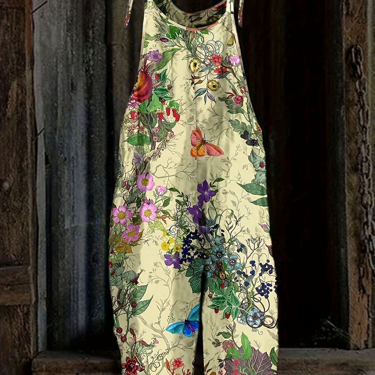  Floral Print Round Neck Tie Shoulder Cami Jumpsuit