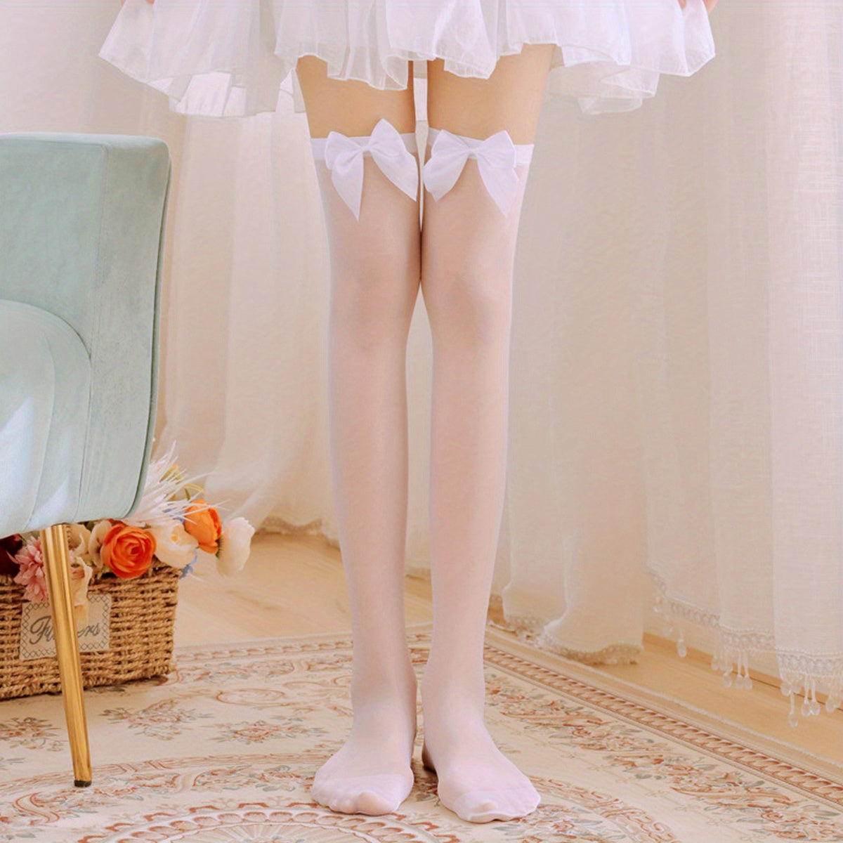 Bow Decor Thigh High Stockings Mesh Over The Knee Socks Women's Stockings