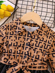 Girls' Geo Print Stitching Dress for Autumn Spring