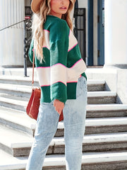  Stripe Print Lantern Sleeve Knit Top