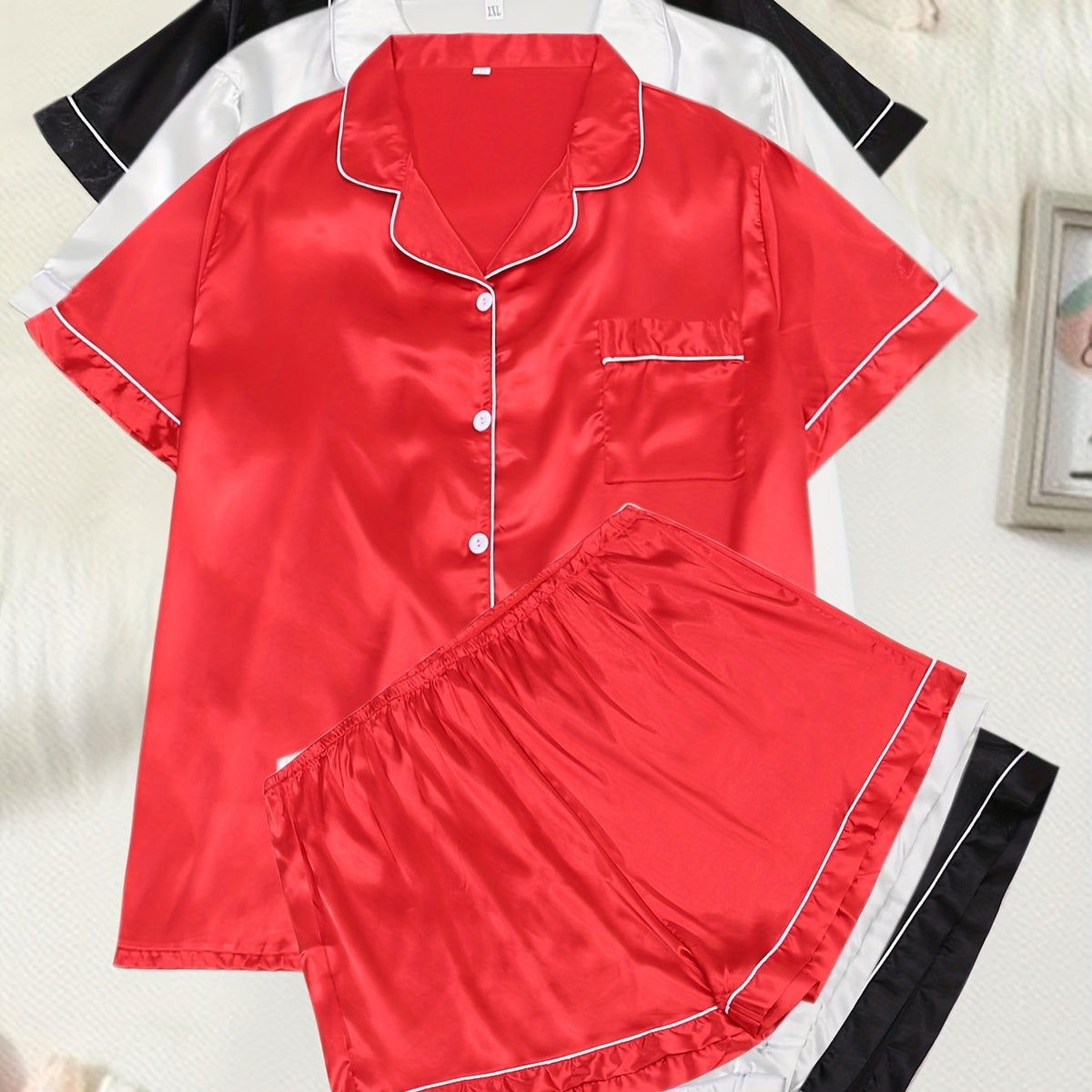  Satin Pajama Set Women's Contrast Piping Short Sleeve Shirt & Shorts