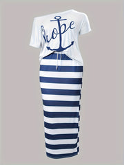 Women's Plus Anchor & Letter Print T shirt & Strip Slim Fit Skirt 2pcs Set