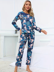 Floral Print Pajama Set Long Sleeve Crew Neck Top & Elastic Waistband Pants