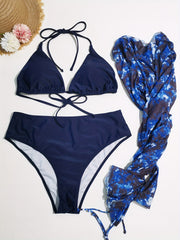  Modest Camo Print Long Sleeve Cut Out Bikini Set 3pcs
