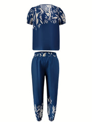  Leaf Print Top & Pants Two Piece Set