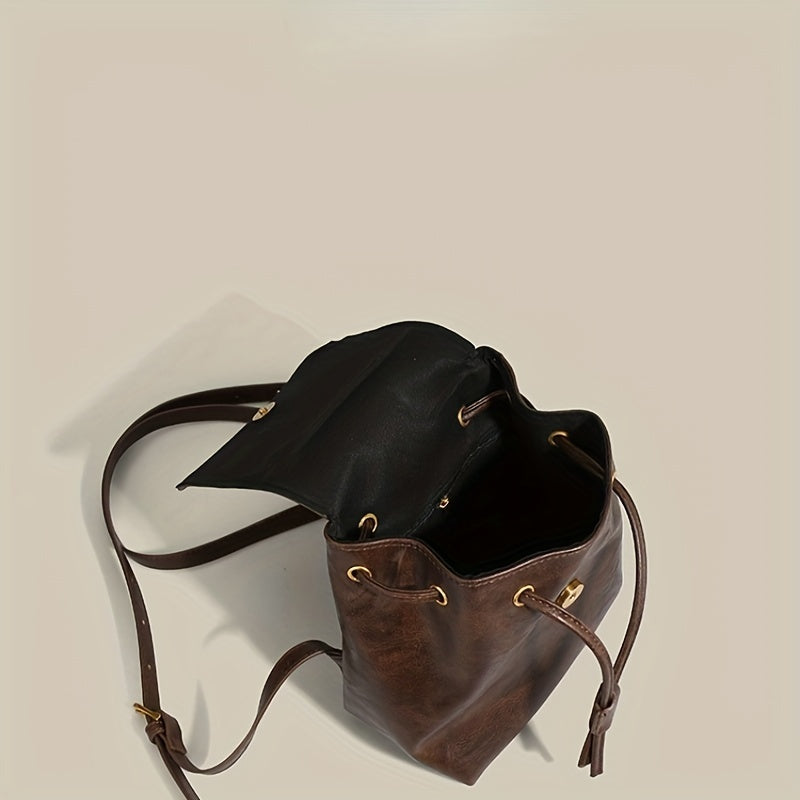 Small Drawstring Flap Backpack PU Leather Textured School Backpack
