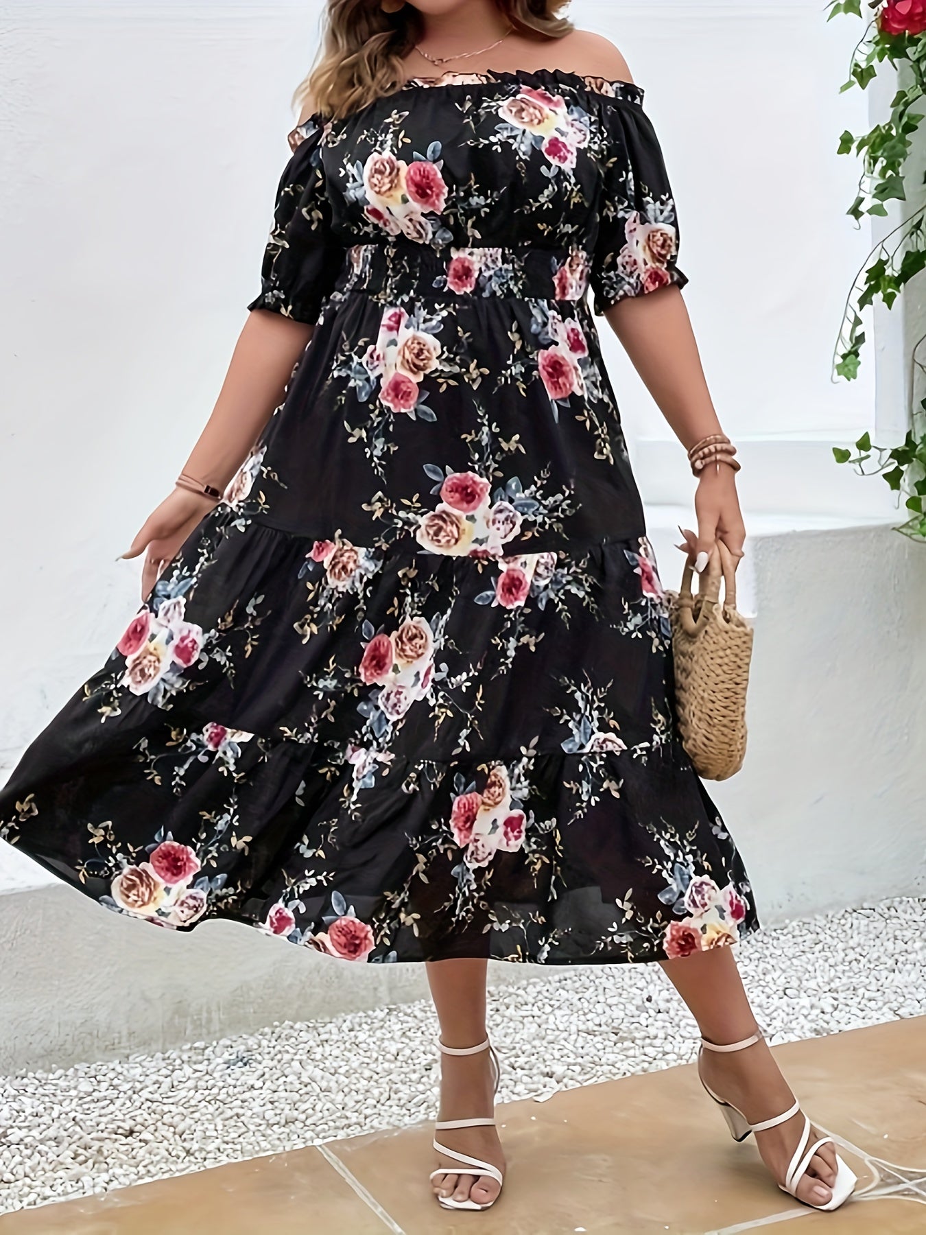  Floral Print Off Shoulder Dress