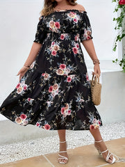  Floral Print Off Shoulder Dress