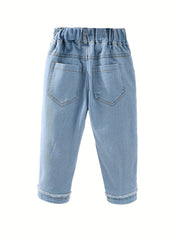 Kid Girls Casual Denim Pants Trousers Elastic Waist Regular Fit Jeans