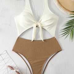  Textured Cut Out Knot Front One Piece Swimsuit