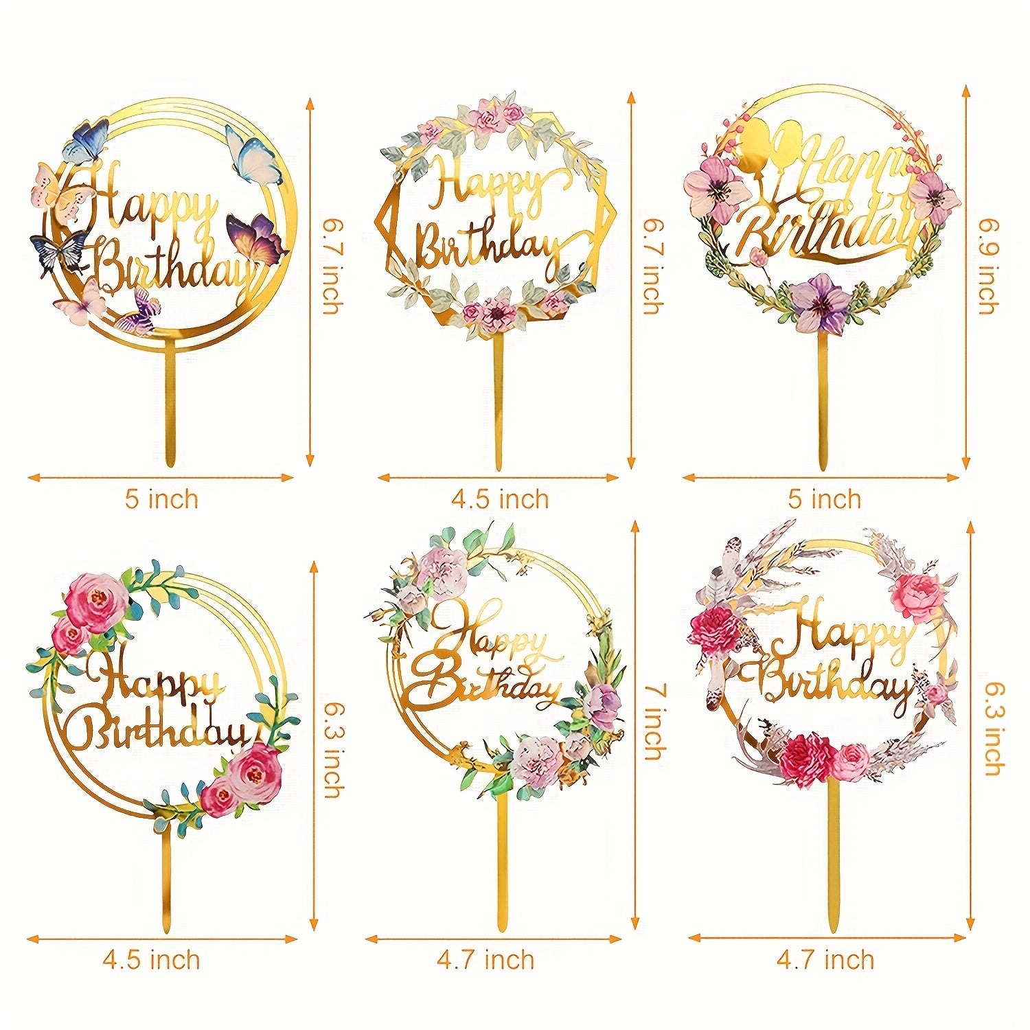 6pcs Patterned Acrylic Happy Birthday Cake Toppers for Party Decor