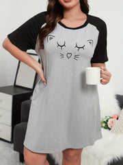  Cat Print Raglan Sleeve Nightdress