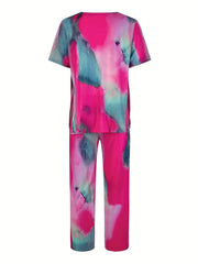  Tie Dye Short Sleeve V Neck Top & Pants Set
