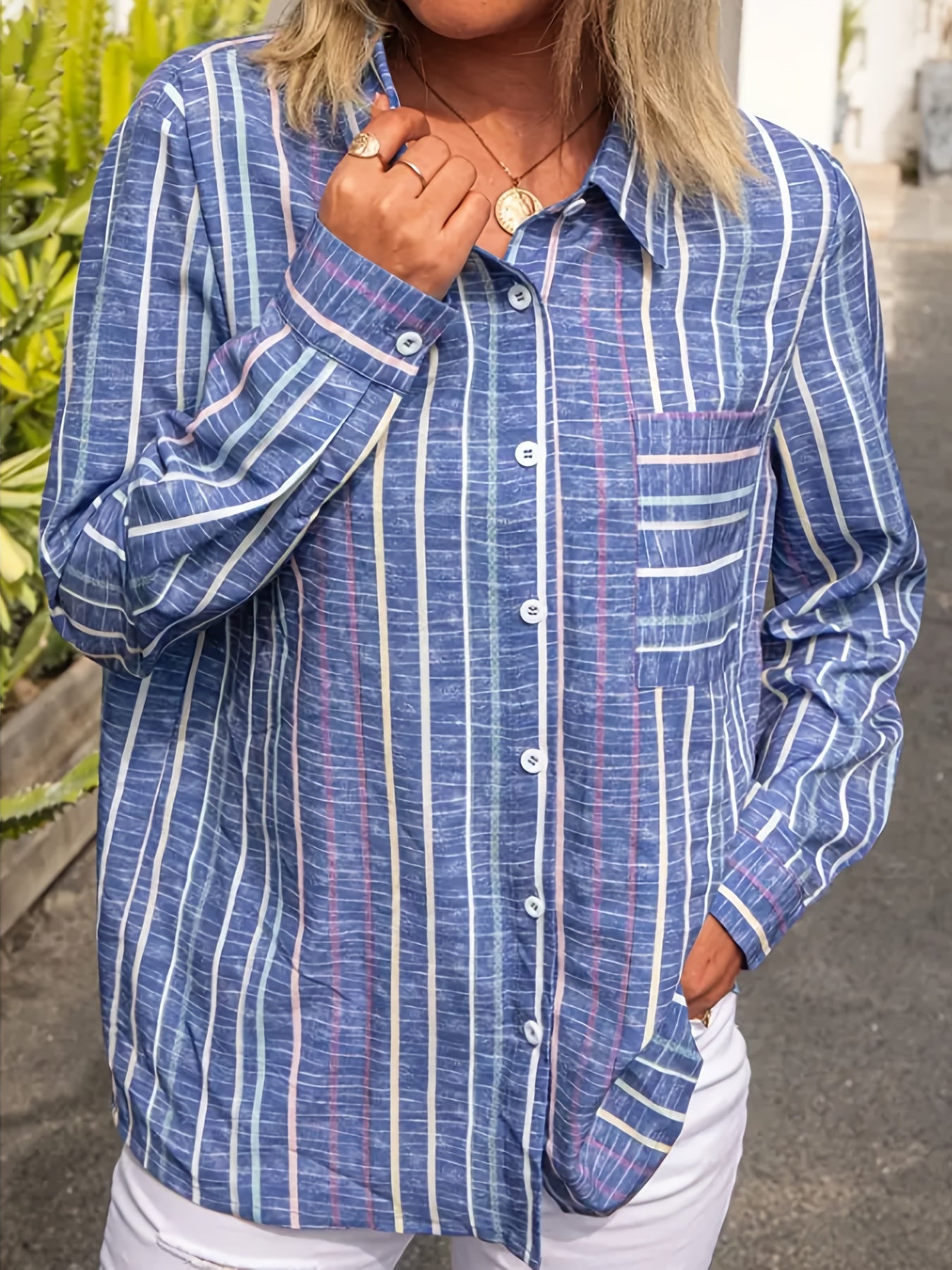  Stripe Print Button Up Long Sleeve Blouse