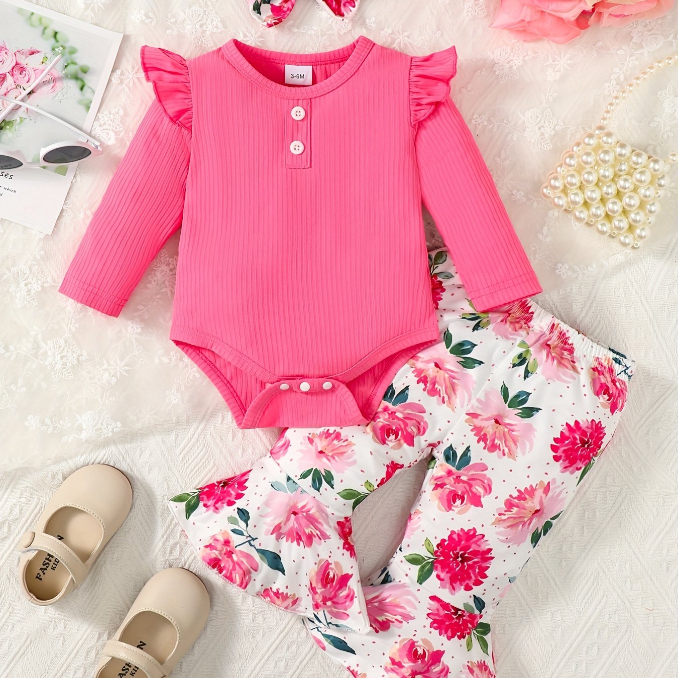 Toddler Girls Flying Sleeve Romper Floral Flared Trousers Set