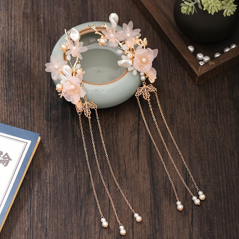 Chinese Style Hanfu Hairclip Faux Pearl Flower Tassel Hairpin