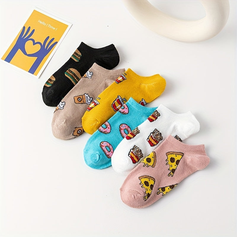 6 Pairs Cartoon Food Print Socks & Funny Low Cut Ankle Socks Women's Stockings