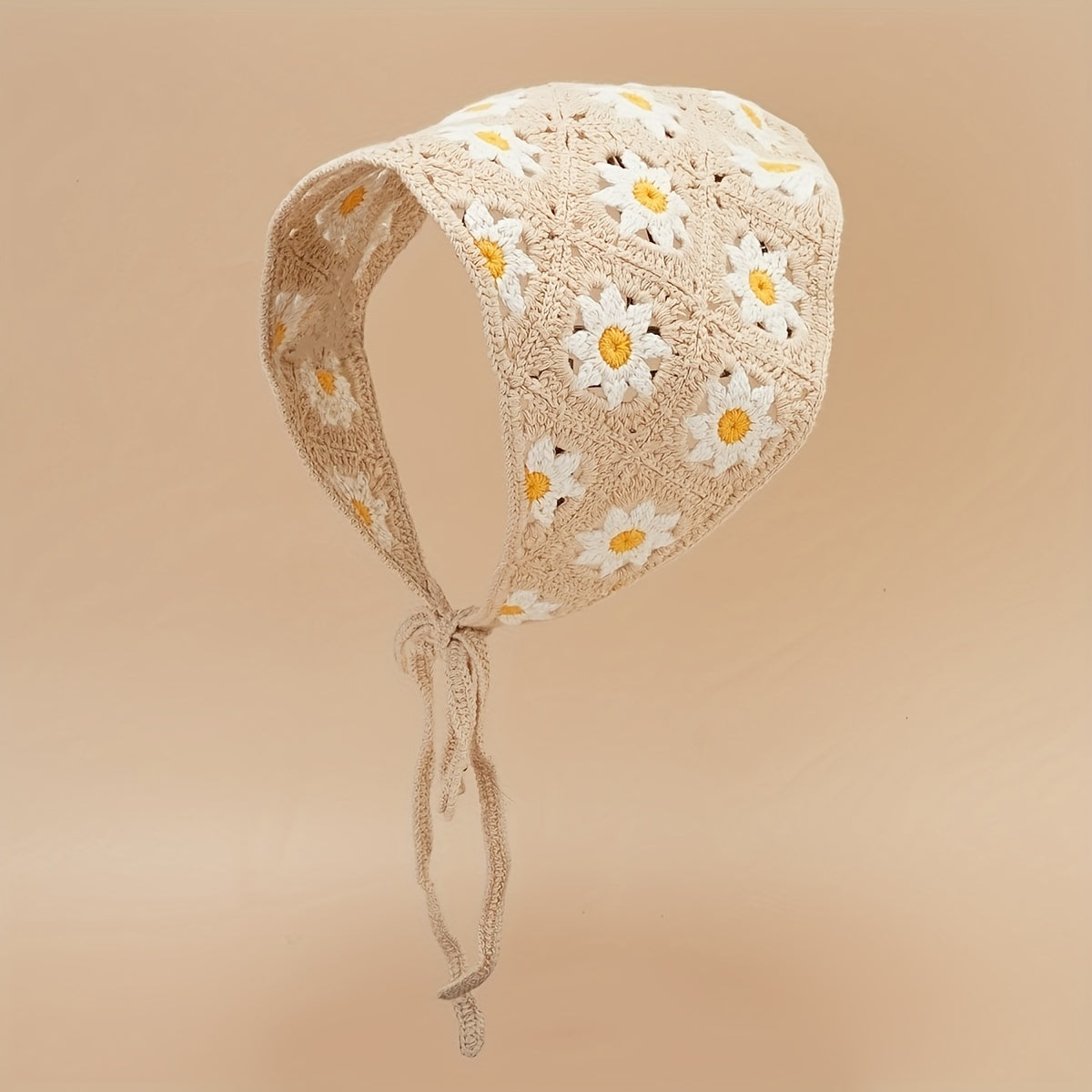 Daisy Flower Knitted Triangle Scarf Head Wrap Hollow Crochet Lace Up Turban Hat