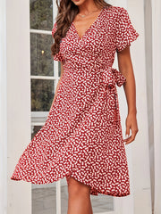 Floral Print Vacation Dress V Neck Short Sleeve Knot Summer Dress