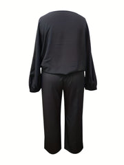  Solid Long Sleeve Tee & Belted Pants Two Piece Set