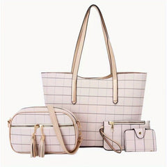 4Pcs Grid Pattern Tote Bag Set with Tassel Crossbody Bag