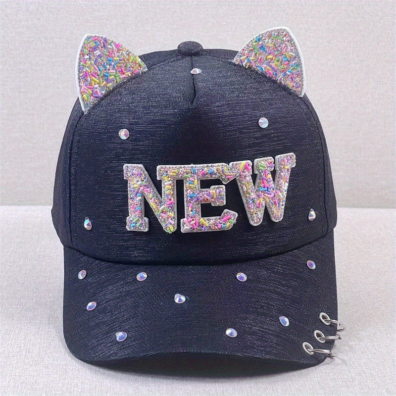 Y2K Baseball Cap Rhinestone Glitter Cat Ears Patch Dad Hats Kpop Sun Hat