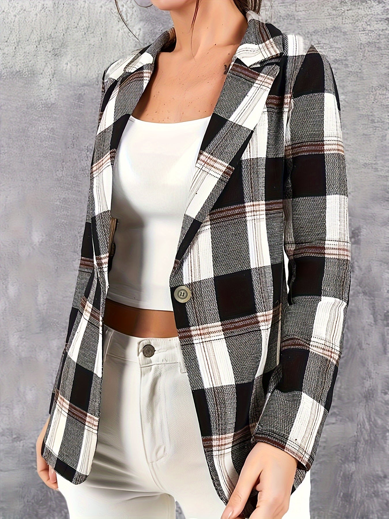  Plaid Print Long Sleeve Blazer