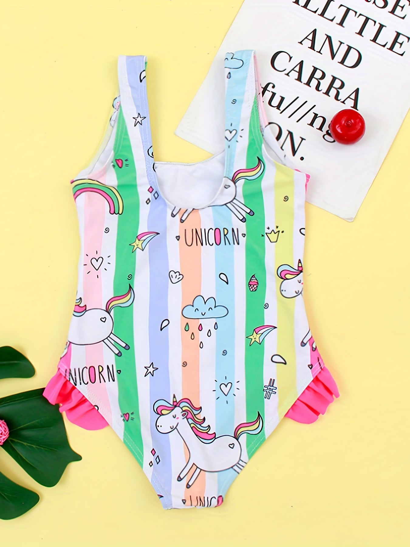 Girls Pony Graphic One Piece Swimsuit Striped Sleeveless Swimwear