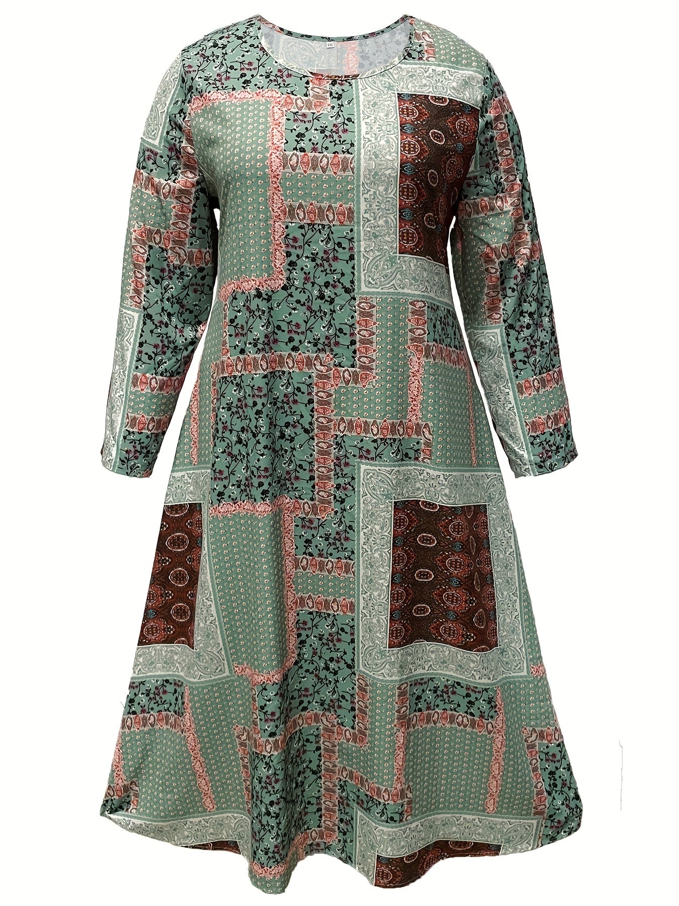 Plus Size Patchwork Print Long Sleeve Maxi Dress With Pockets