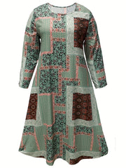Plus Size Patchwork Print Long Sleeve Maxi Dress With Pockets