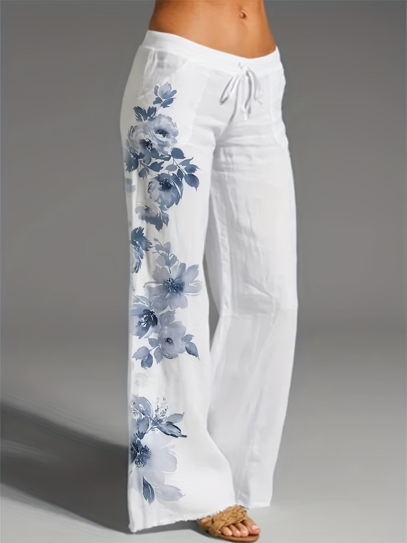 Drawstring Lace up Loose Pants Casual Solid Wide Leg