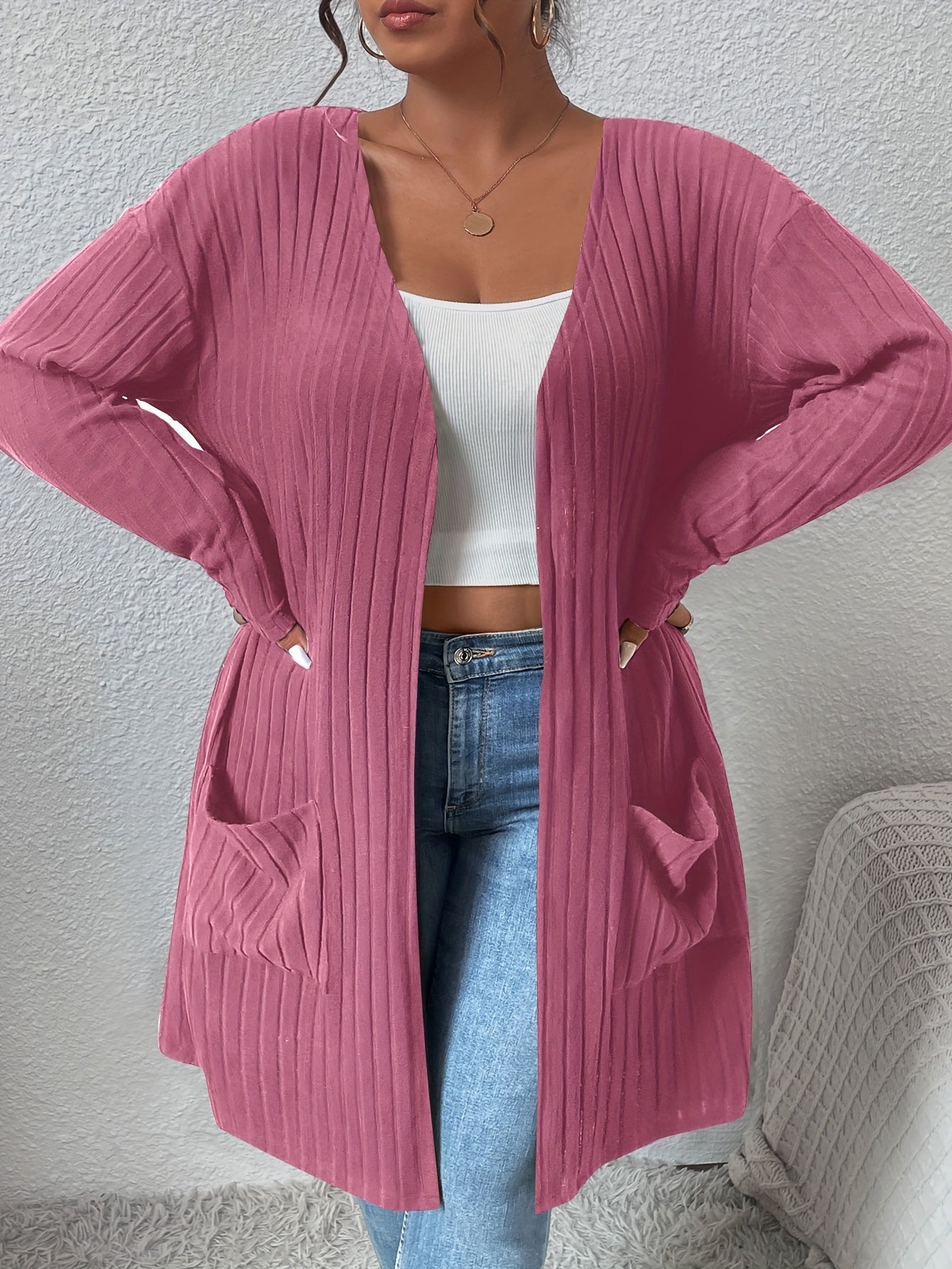  Solid Ribbed Open Front Cardigan With Pockets