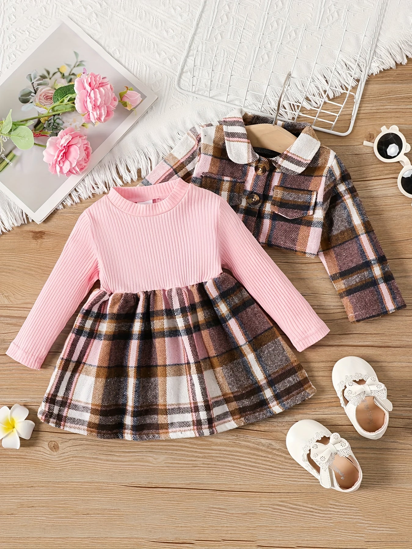 Toddler Baby Girls Patchwork Plaid Dress Coat 2pcs Set