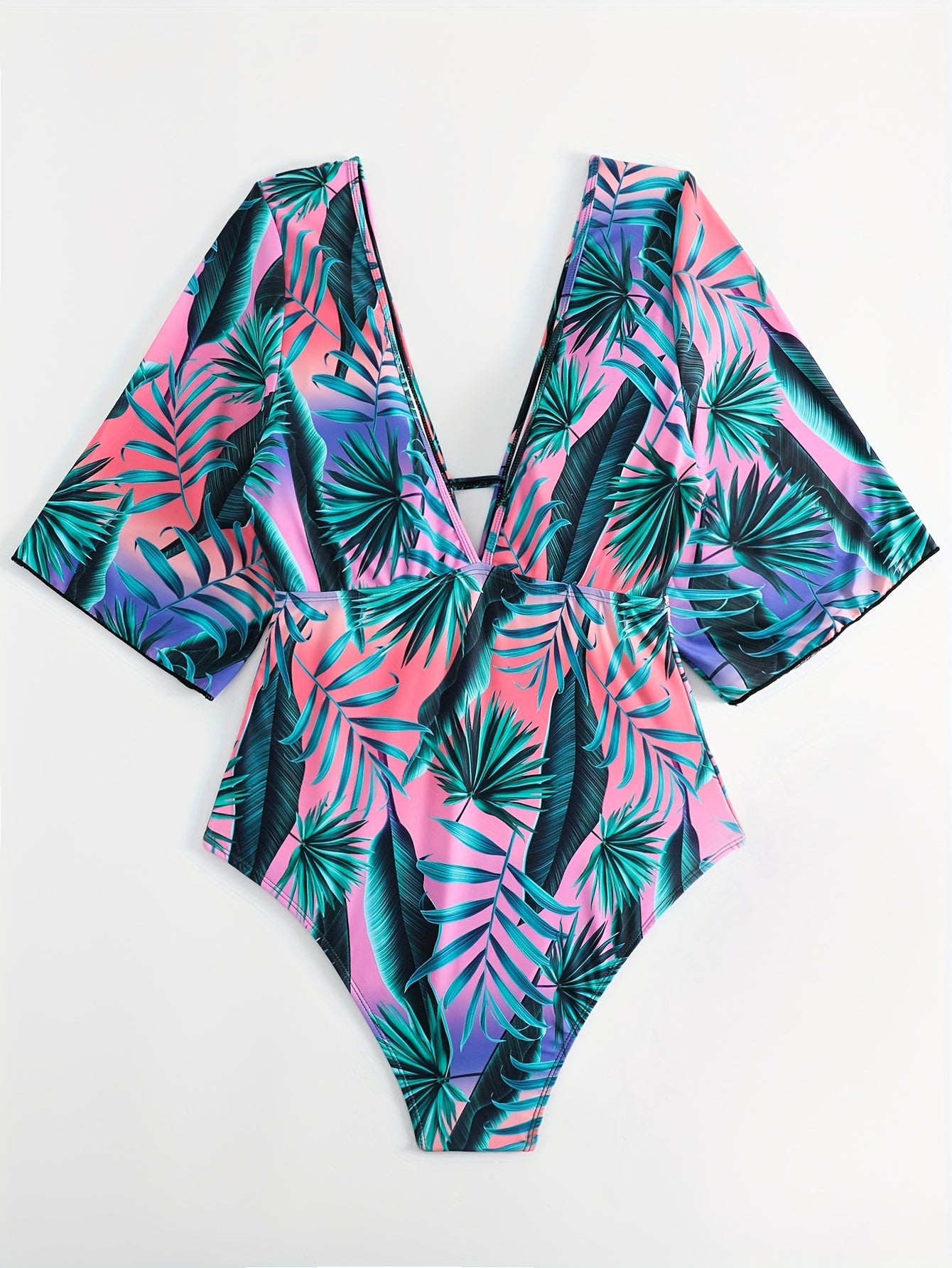  Boho Swimsuit Tropical Print Deep V Neck One Piece Bathing Suit