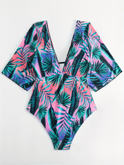  Boho Swimsuit Tropical Print Deep V Neck One Piece Bathing Suit