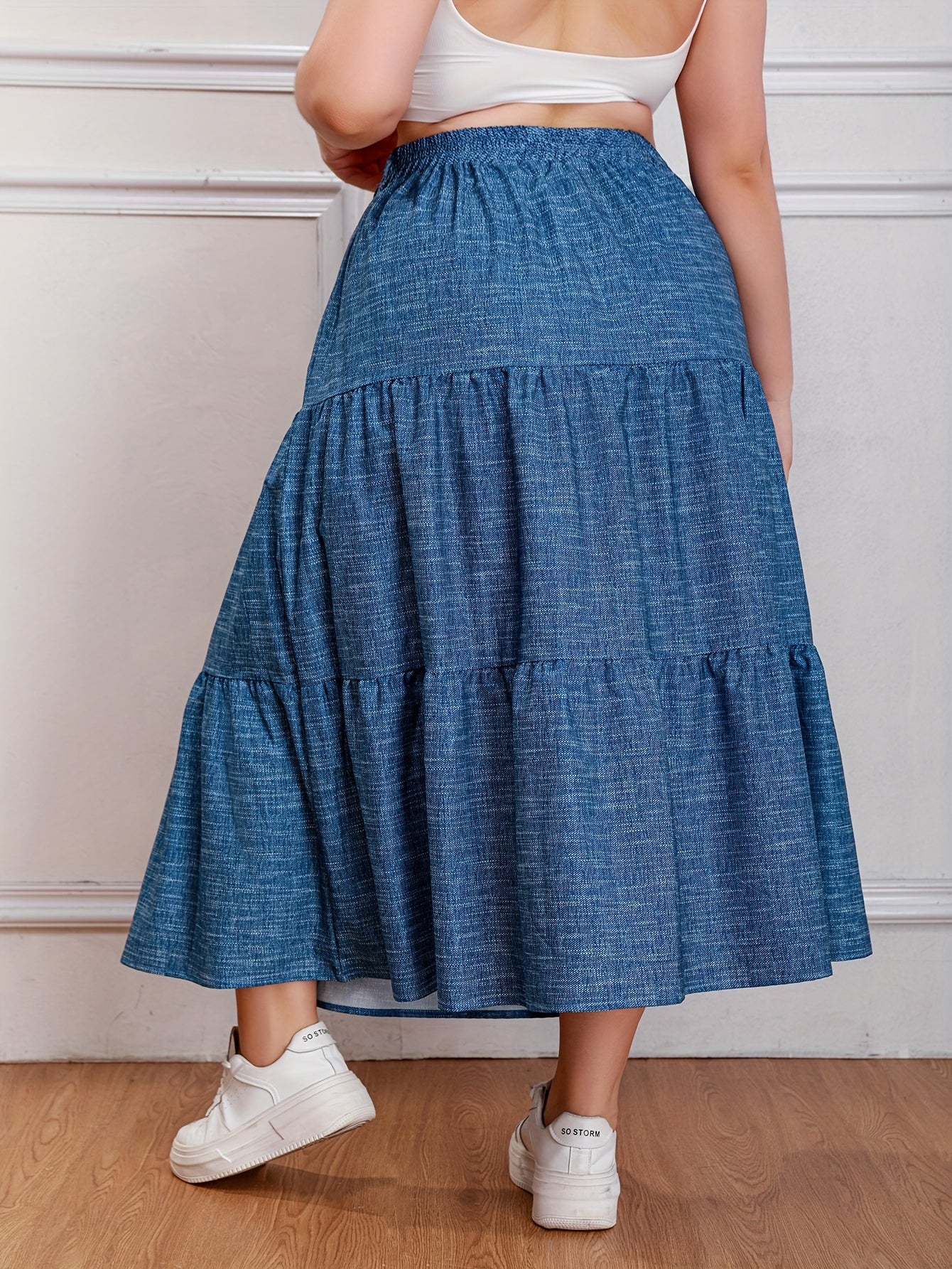  Denim Print Drawstring Elastic High Rise Maxi Skirt