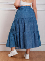  Denim Print Drawstring Elastic High Rise Maxi Skirt