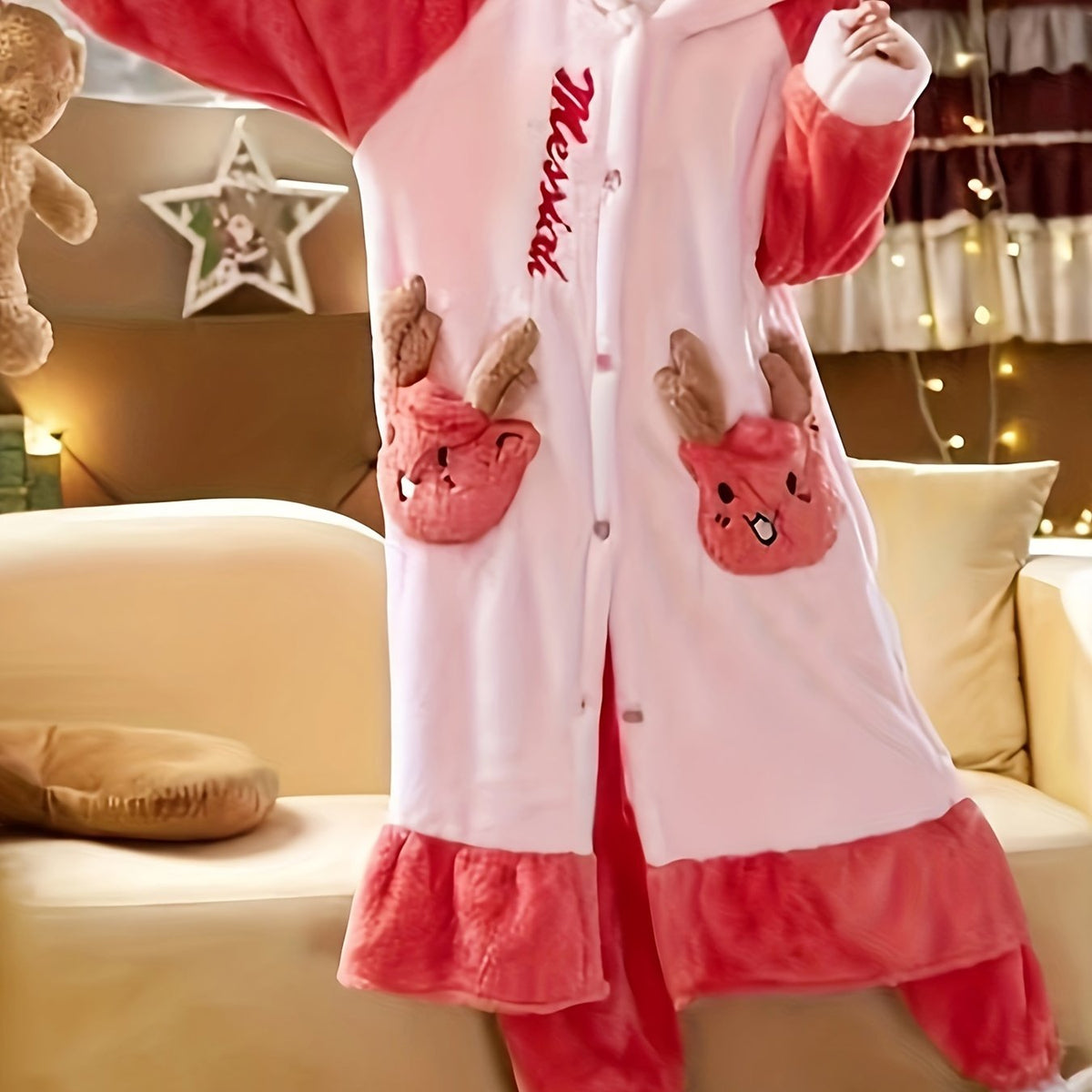  Christmas Pajamas Set Women's Plus Deer Raglan Sleeve Button Up Hooded
