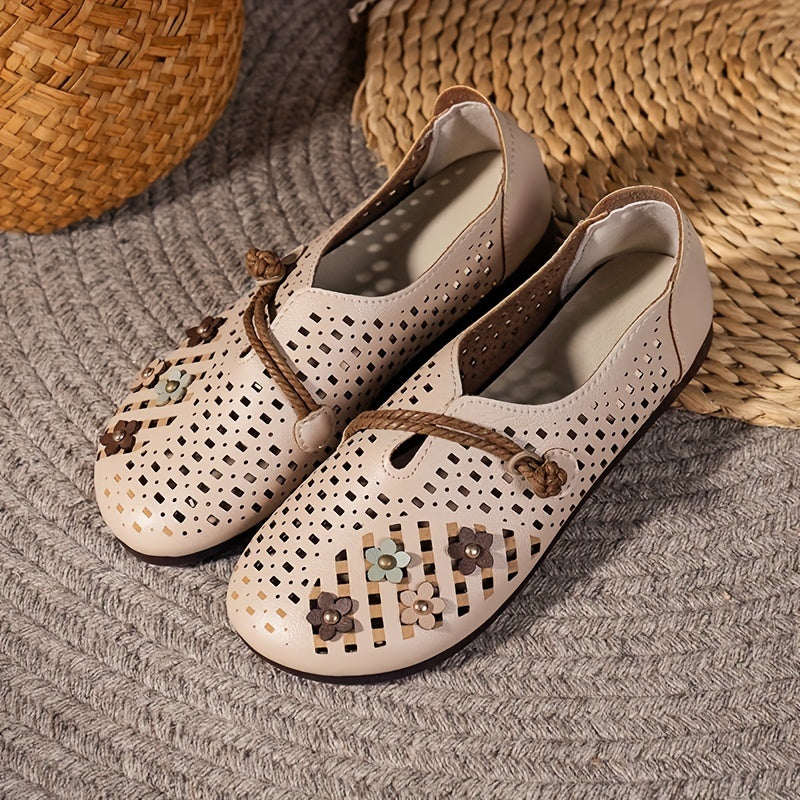 Women's Hollow Out Flat Shoes Flower Decor Slip On Casual Walking Flats
