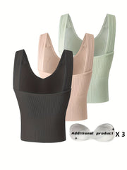 3pcs Ribbed Tank Top Bra Detachable Chest Pads Women's Lingerie