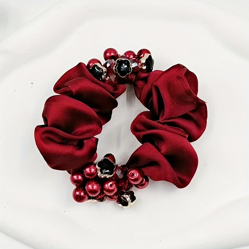 Red Flower Beaded Silky Scrunchies Hair Tie Faux Pearl Hair Rope Satin Hair Ring