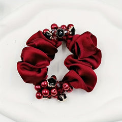 Red Flower Beaded Silky Scrunchies Hair Tie Faux Pearl Hair Rope Satin Hair Ring