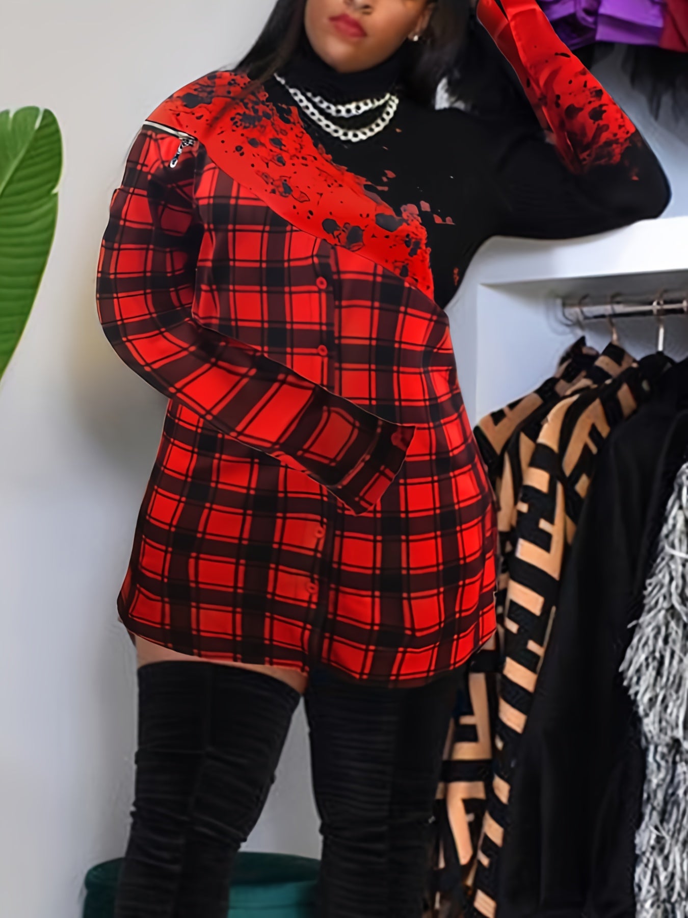  Colorblock Plaid & Splash Print Mini Dress